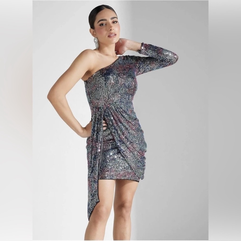 Aiden by Aiden Maddox printed one shoulder, size 16 sequins mini dress
